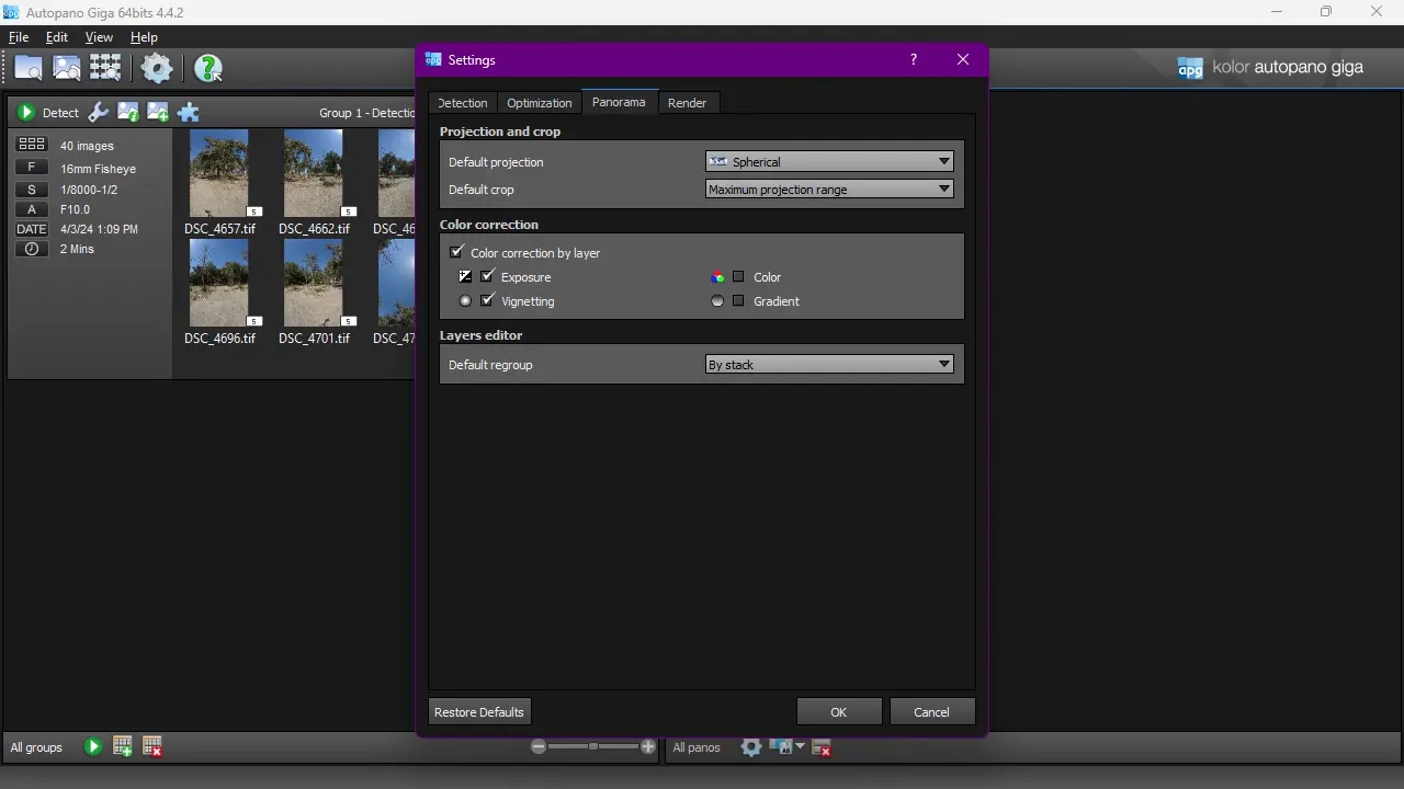 autopano giga detection settings panorama tab