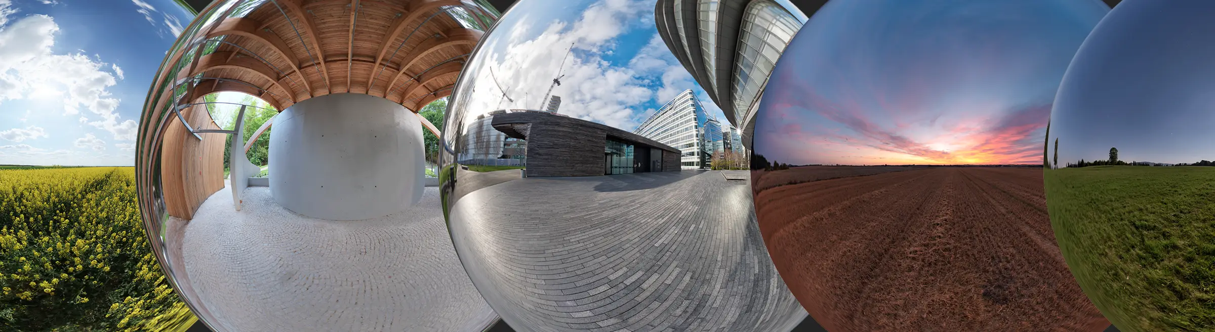 variety of hdri map environments for realistic rendering in 3D rendering engines like vRay, Corona Render, Blender Cycles